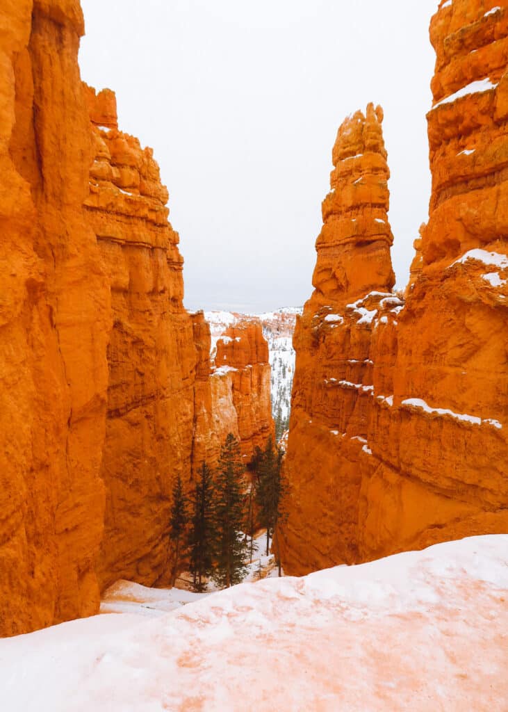 The switchbacks of the Two Bridges section of the Navajo Loop Trail at Bryce Canyon National Park in Winter
