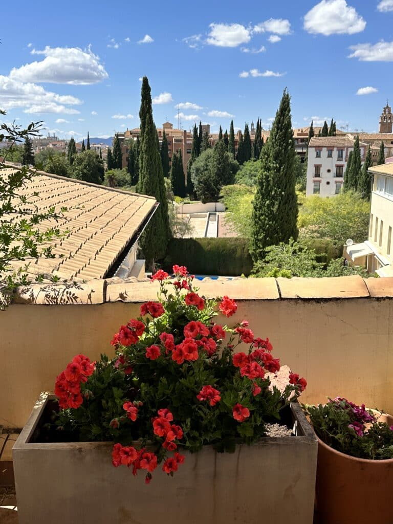 A view from a rooftop terrace with flower baskets overlooking Granada, Spain.