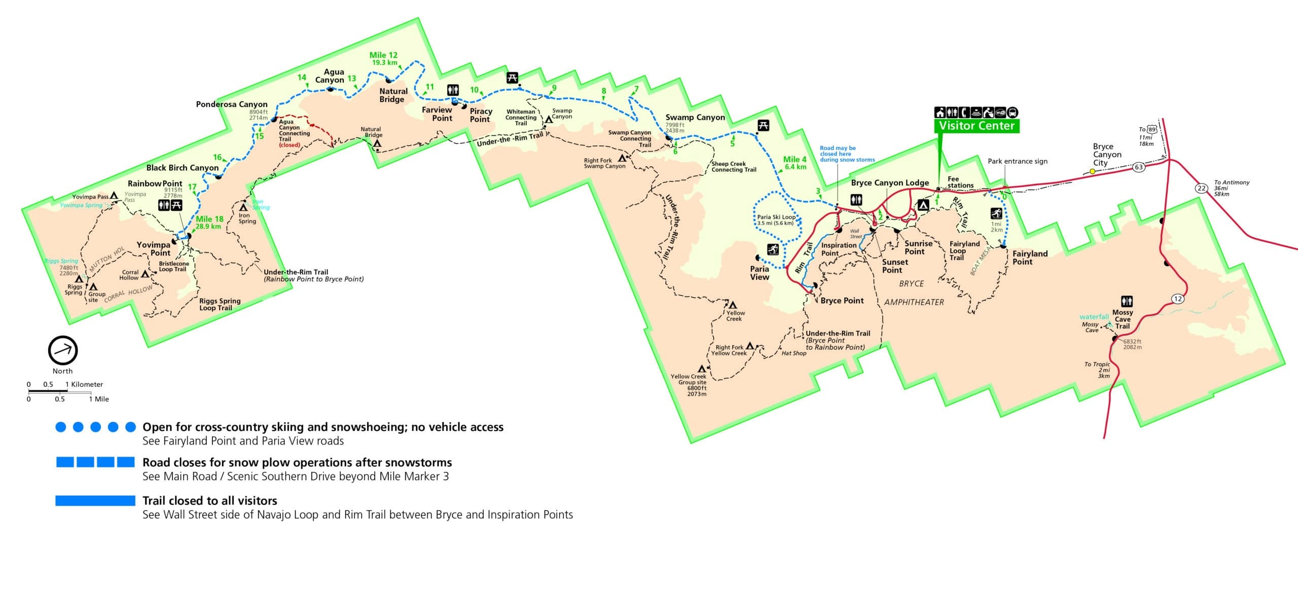 Map of winter access to Bryce Canyon National Park