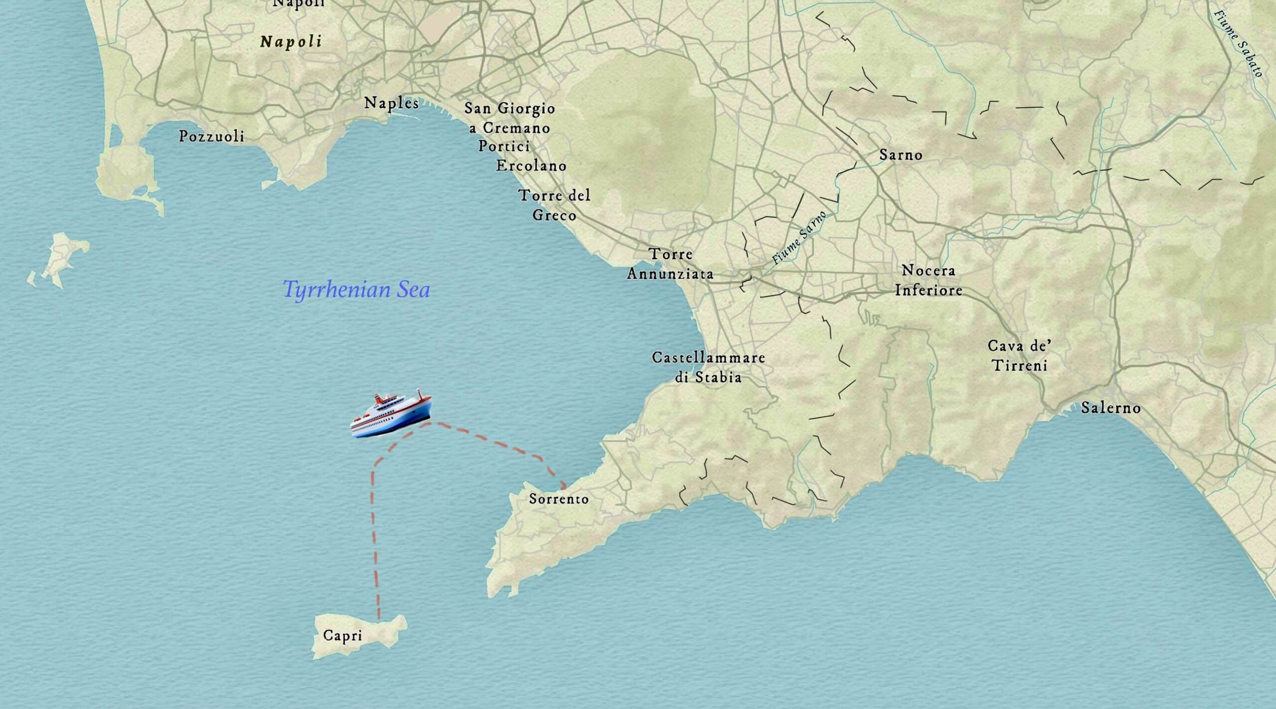 Map of the ferry route from Capri to Sorrento, Italy.