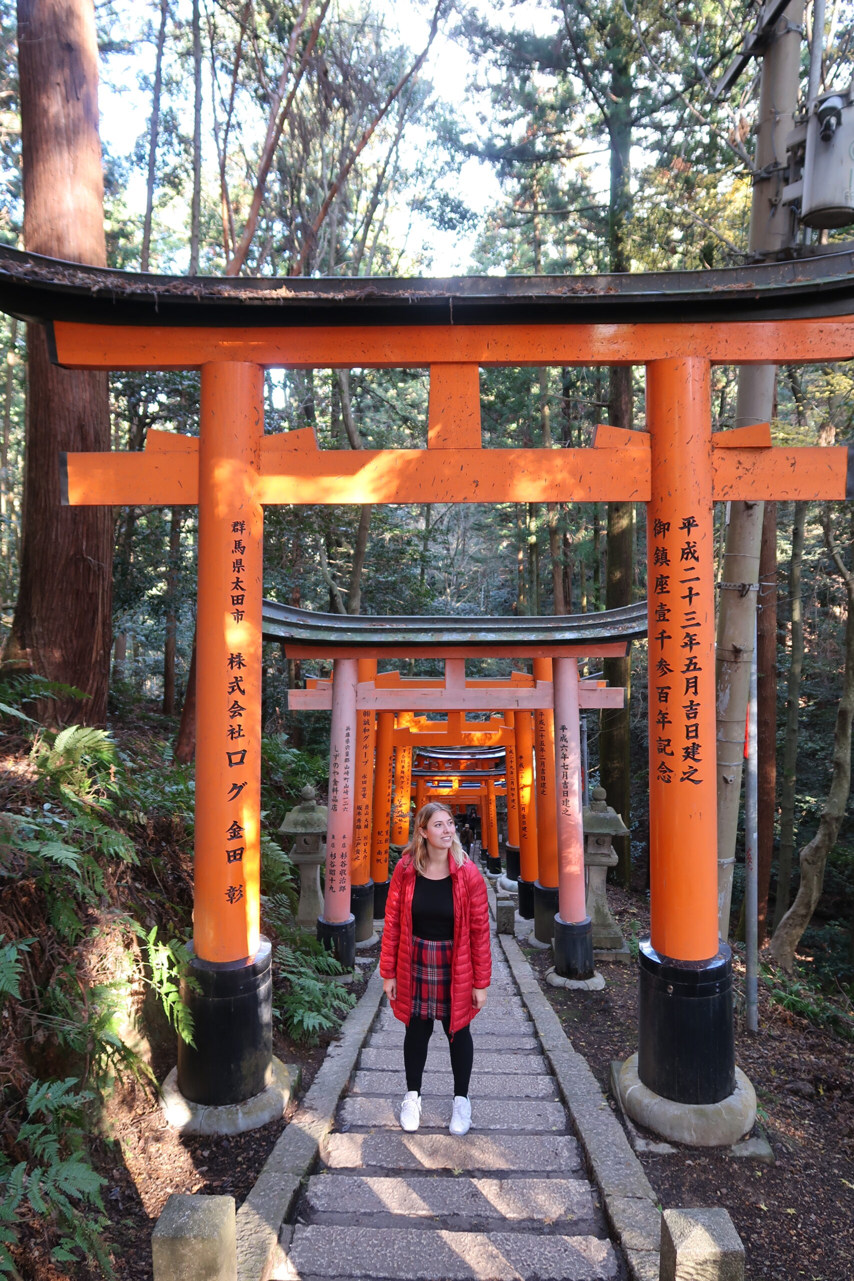 Standing under a torii gate at the Fushimi Inari Taisha