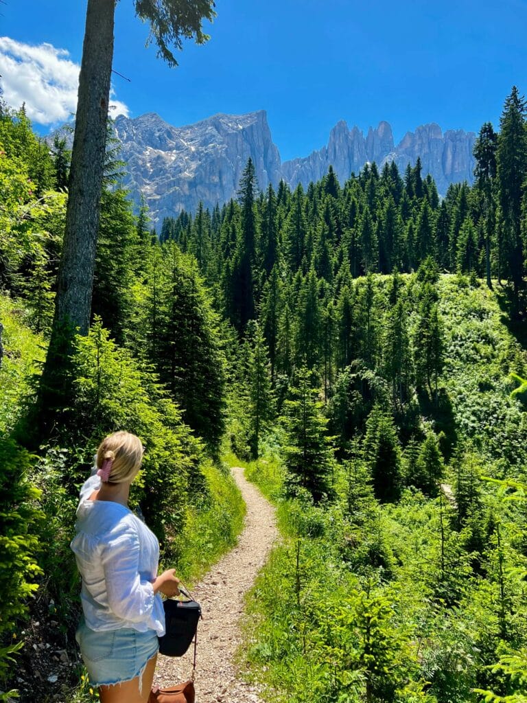 Looking at the Latemar Massif mountains from a trail beyond Lago Di Carezza