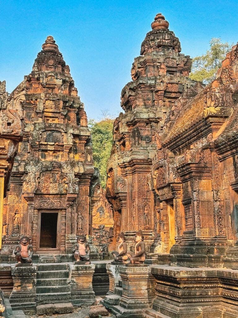 Pink sandstone towers at Banteay Srei temple, Angkor Wat.