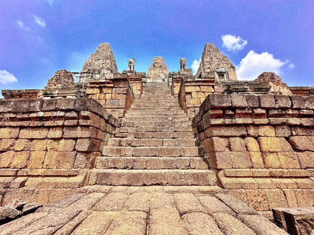 Steep stone stairs are found at many of the temples and palaces within Angkor Wat.
