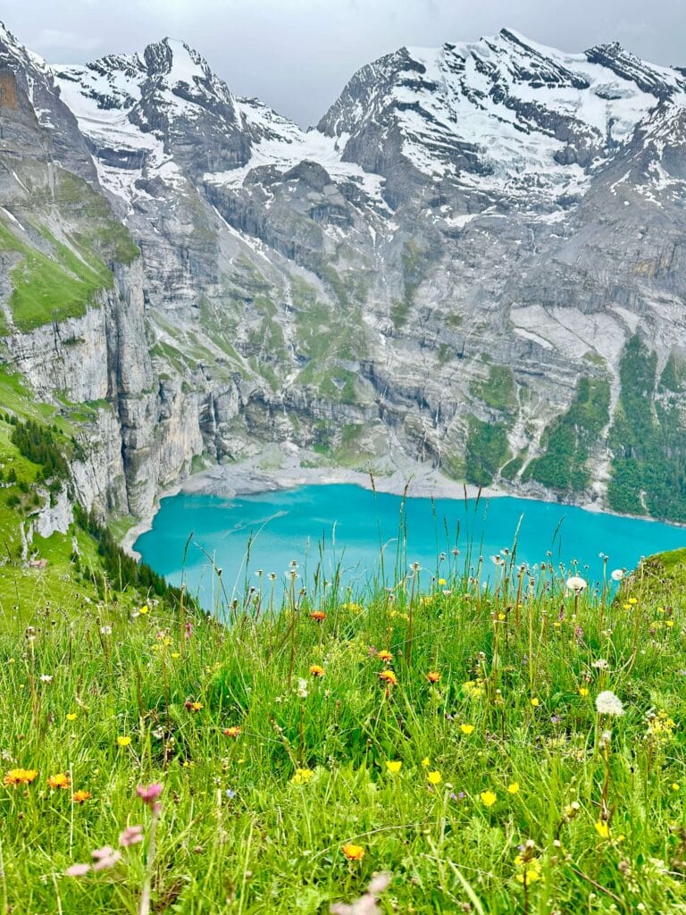 Oeschinensee Lake with wildflowers and mountains