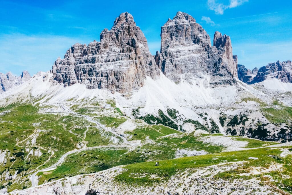 The three peaks of Tre Cime di Lavaredo seen from above the Cadini di Misurina trail