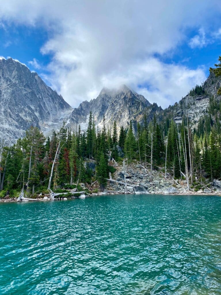 Downed logs line the shores of Colchuck Lake
