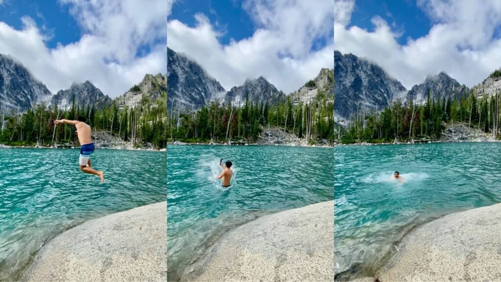 Jumping into the freezing aquamarine water of Colchuck Lake for a swim