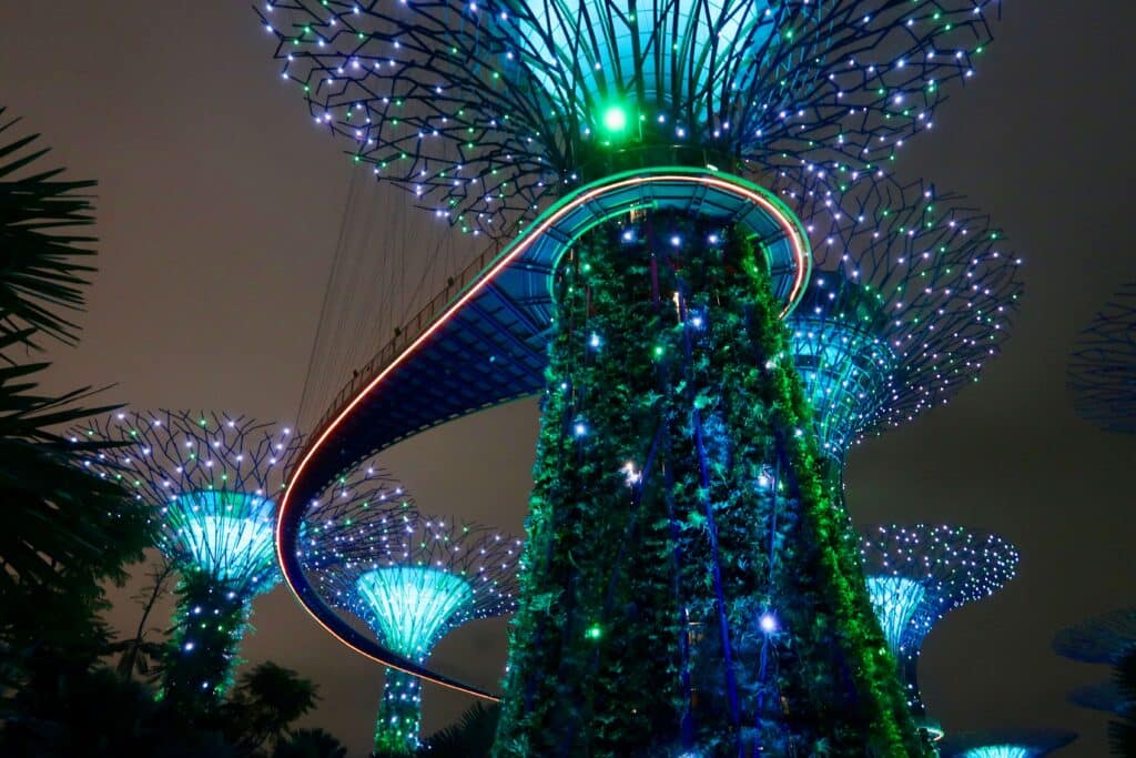 The Supertrees at night at the Gardens by the Bay, Singapore