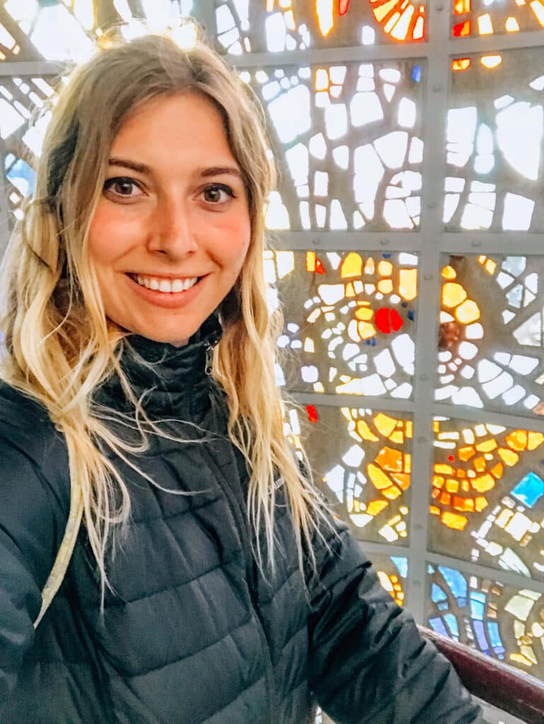 Inside the stained glass tower in the sculpture garden