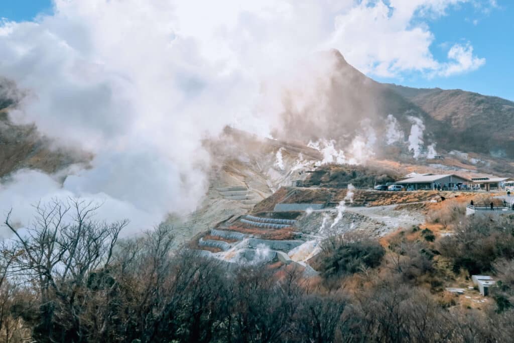 The billowing volcanic mountain of Owakudani as seen from the Hakone Ropeway