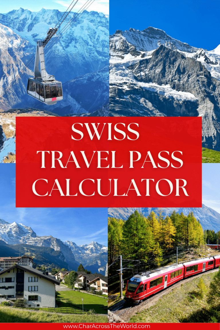 Collage of Swiss transportation including a cable car gondola over snowy Alps, mountain village, and red scenic train through autumn forest, with text overlay reading Swiss Travel Pass Calculator