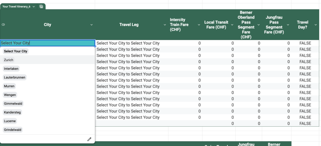 Step 3) entering the cities you plan to visit on your itinerary in the Swiss Travel Pass Calculator