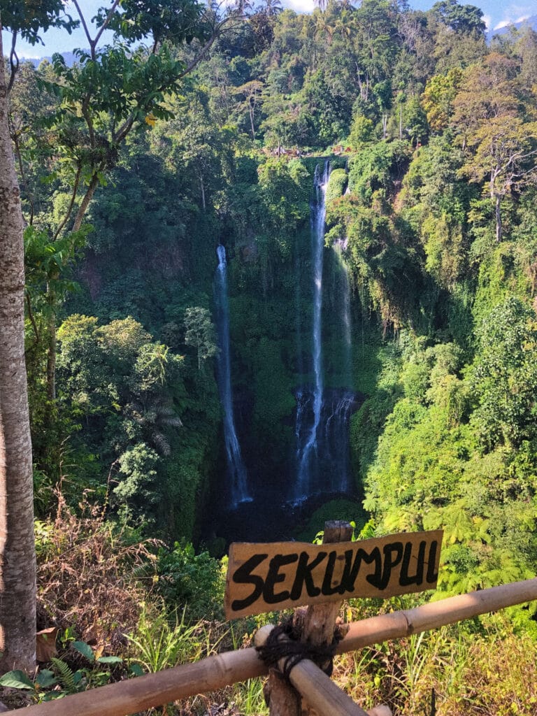 Yellow wooden “Sekumpul” sign pointing toward the waterfall, with the twin falls visible in the distance.