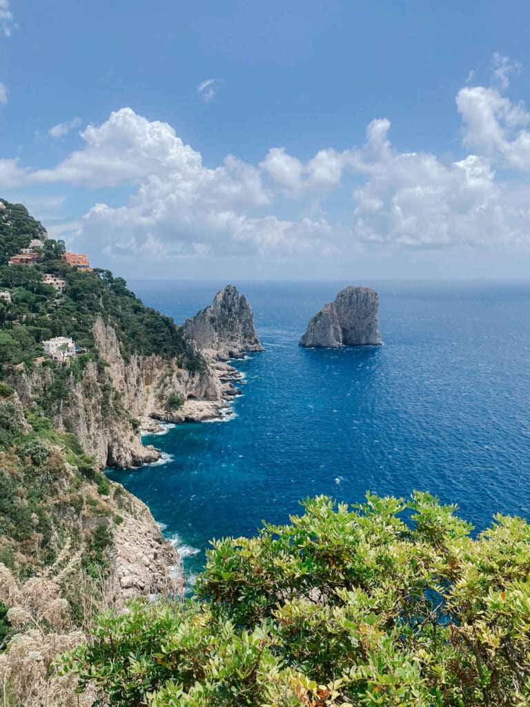Faraglioni seen through trees and bougainvillea from a cliffside viewpoint