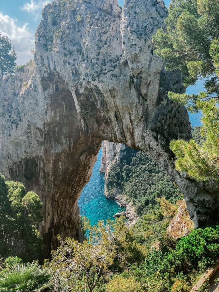 Arco Naturale limestone arch framed by trees on a sunny day