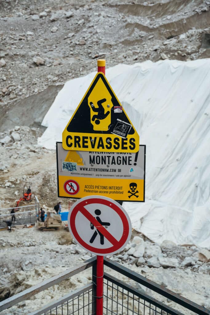 Danger signs warning of crevasses at the mer de glace