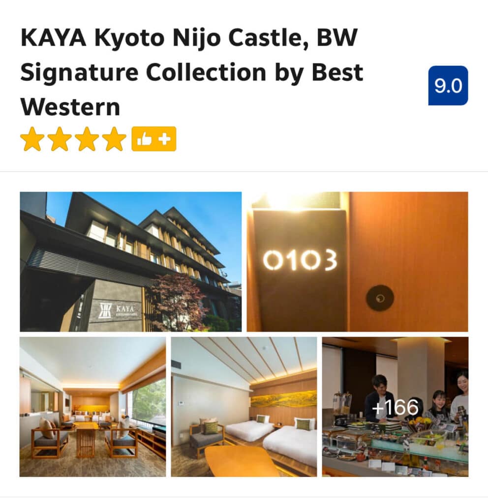 KAYA Kyoto Nijo Castle (Mid-range $$) – A refined boutique hotel with elegant Japanese-inspired interiors, spacious rooms, and exceptional service, just a 10-minute walk from Nijojo-mae Station and steps from Nijo Castle.