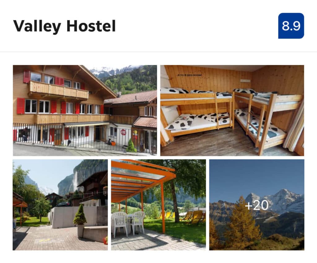 Valley Hostel – (Budget $) 

This no-frills favorite among backpackers and budget travelers offers clean, simple rooms with unbeatable views of the surrounding cliffs and waterfalls. The communal kitchen is handy if you’re trying to keep costs down, and the location is a short walk from Lauterbrunnen station.