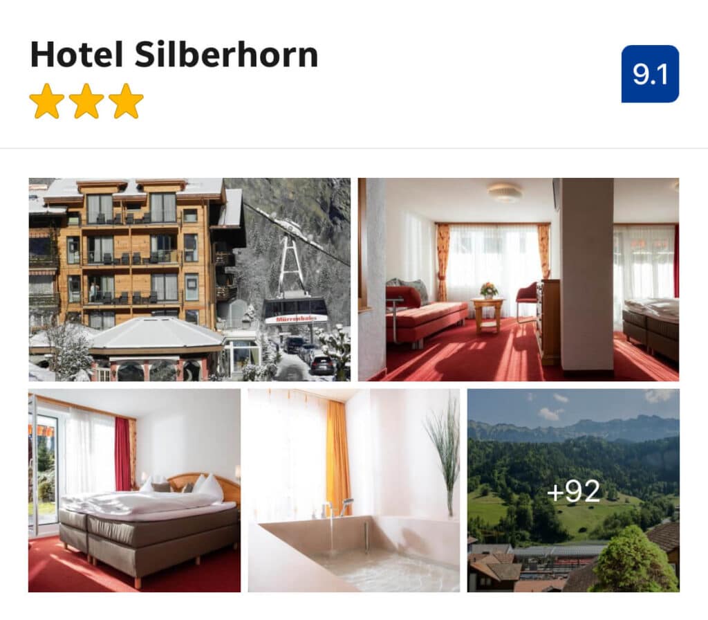 Hotel Silberhorn – (Mid-Range $$)

This cozy alpine hotel is just a few minutes’ walk from the train station and offers a blend of mountain charm and modern comfort. Many rooms come with balconies facing Staubbach Falls, making it a great choice for couples or families who want stunning views and easy access to everything in town.