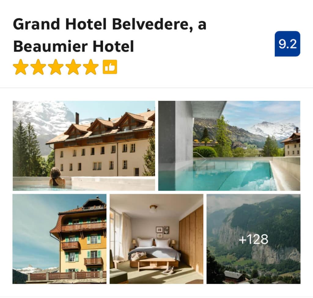 Grand Hotel Belvedere – (Luxury $$$)

Wengen’s first five-star hotel, the Grand Hotel Belvedere, delivers classic Swiss luxury with refined interiors, an elegant spa, and jaw-dropping views of the Lauterbrunnen Valley. Perfect for honeymoons, special occasions, or anyone ready to splurge on style and service.