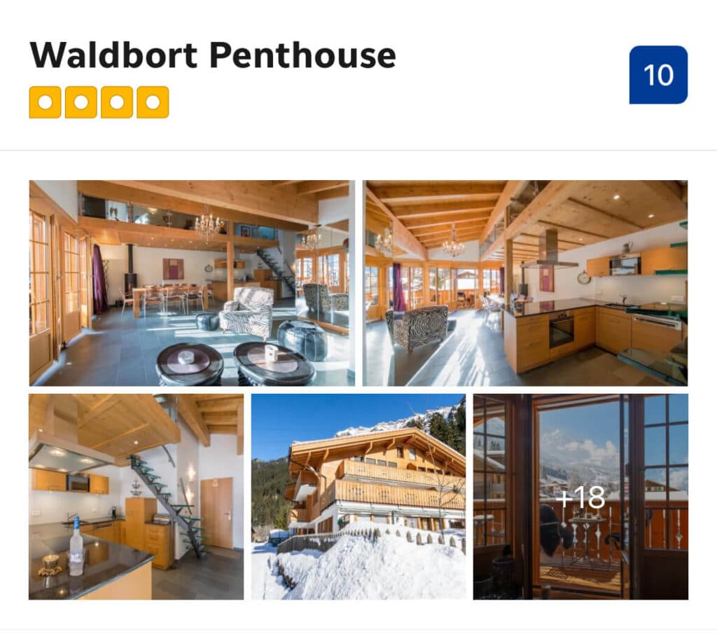 Waldbort Penthouse – (Luxury $$$$)

A stunning private penthouse with panoramic mountain views, Waldbort offers high-end alpine living in the heart of Wengen. This spacious chalet-style apartment features modern furnishings, a large balcony, and floor-to-ceiling windows that bring the Alps right to your doorstep. Ideal for families or travelers craving privacy and style.
