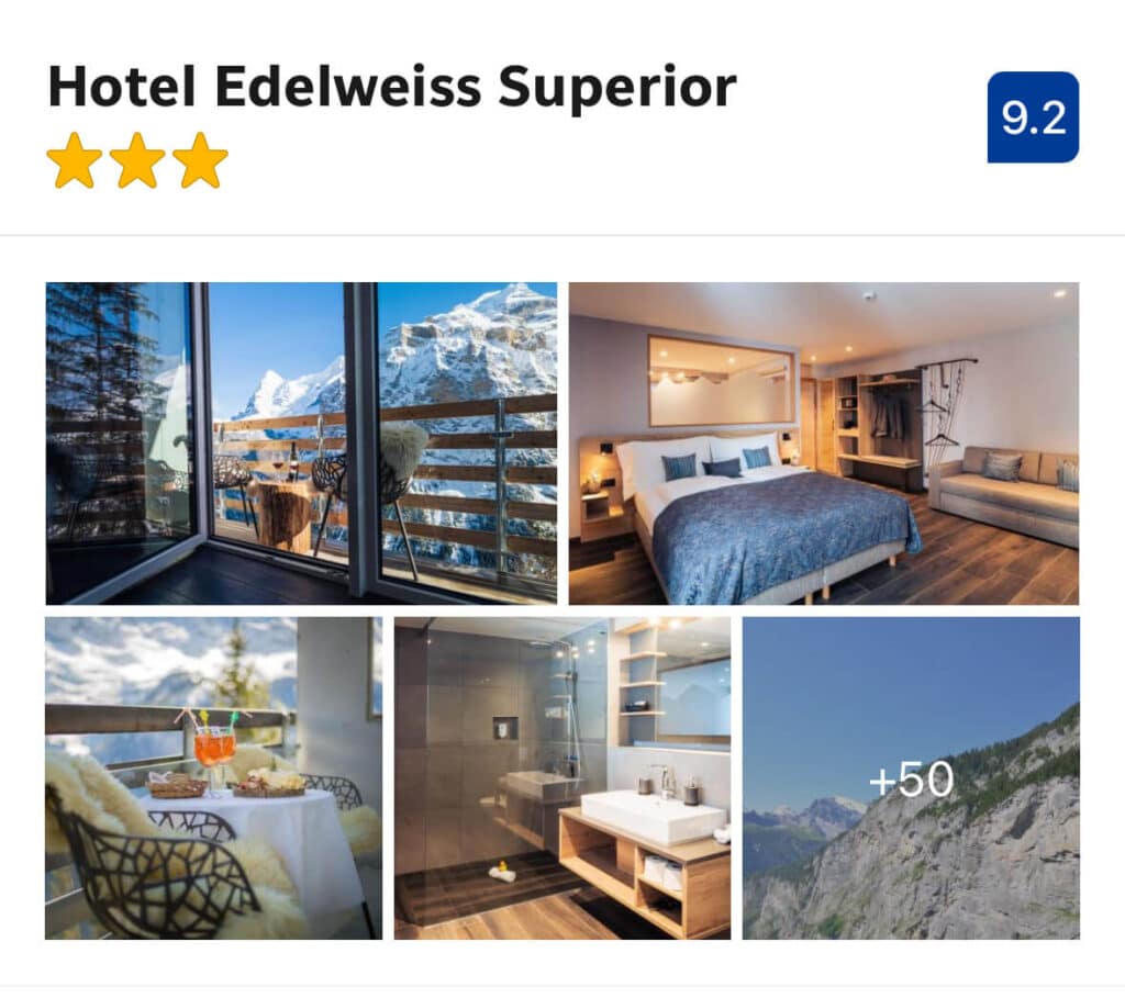 Hotel Edelweiss – (Mid-Range $$)

Known for some of the most jaw-dropping views in Mürren, Hotel Edelweiss sits right on the cliff edge with direct sightlines to the Eiger, Mönch, and Jungfrau. Rooms are simple but modern, and the restaurant terrace is an unbeatable spot for sunset dinners.