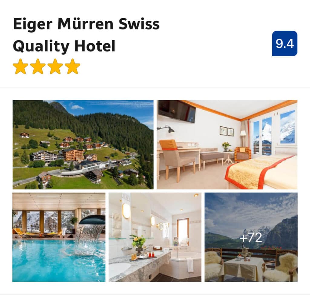 Eiger Mürren Swiss Quality Hotel – (Luxury $$$)

A refined alpine retreat, the Eiger Mürren Swiss Quality Hotel blends upscale comforts with classic Swiss hospitality. Guests love the indoor pool, sauna, and sleek rooms with private balconies overlooking the valley. It’s the perfect base for a luxurious stay in one of Switzerland’s most scenic villages.