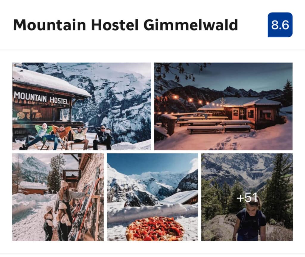 Mountain Hostel – (Budget $)

Gimmelwald’s beloved Mountain Hostel draws backpackers and budget travelers from all over the world. With shared dorms, jaw-dropping views, and a communal kitchen, it’s a social, no-frills base for those who care more about scenery and community than room service.
