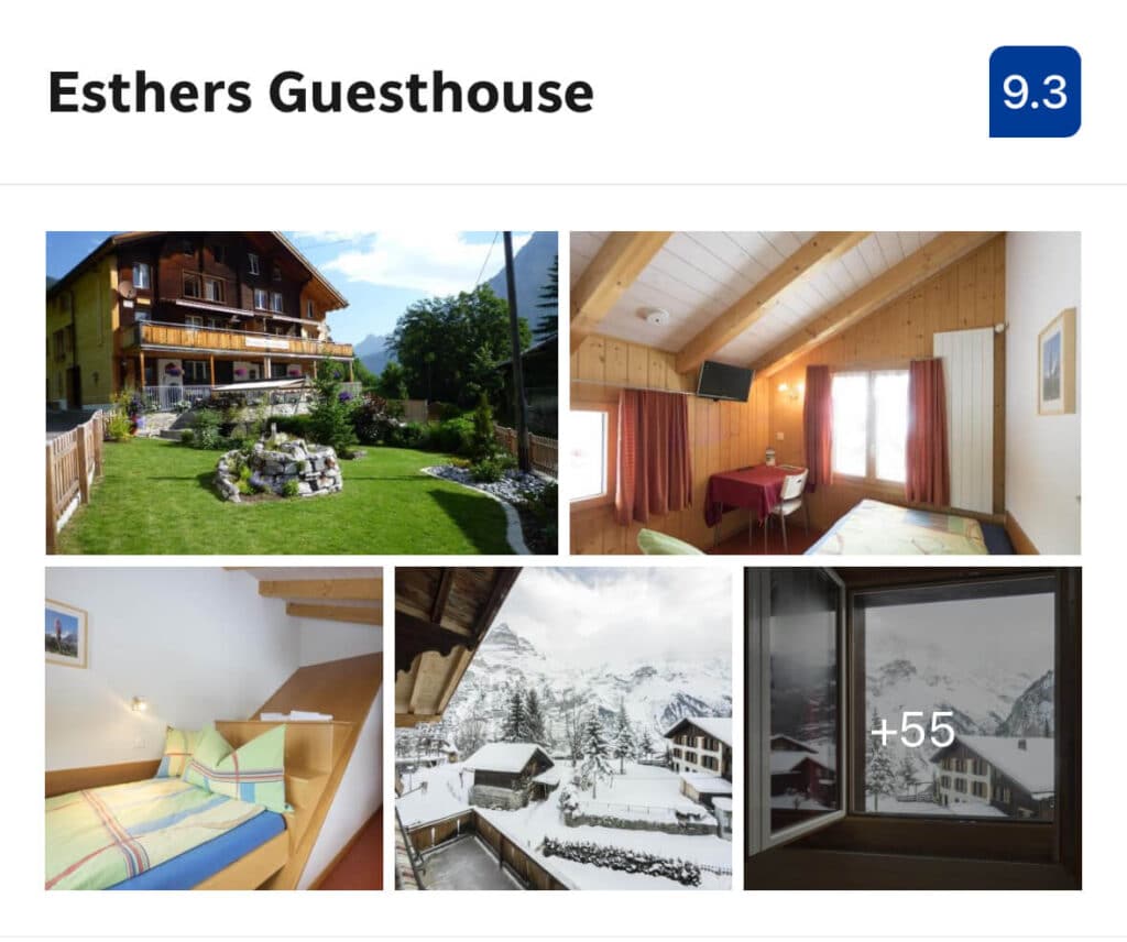 Esther’s Guesthouse – (Mid-Range $$)

Right in the heart of Gimmelwald, Esther’s Guesthouse offers a warm and homey stay in a traditional Swiss chalet. Rooms are simple but well-kept, and the atmosphere is quiet, friendly, and ideal for anyone looking to slow down and soak up small-village life.