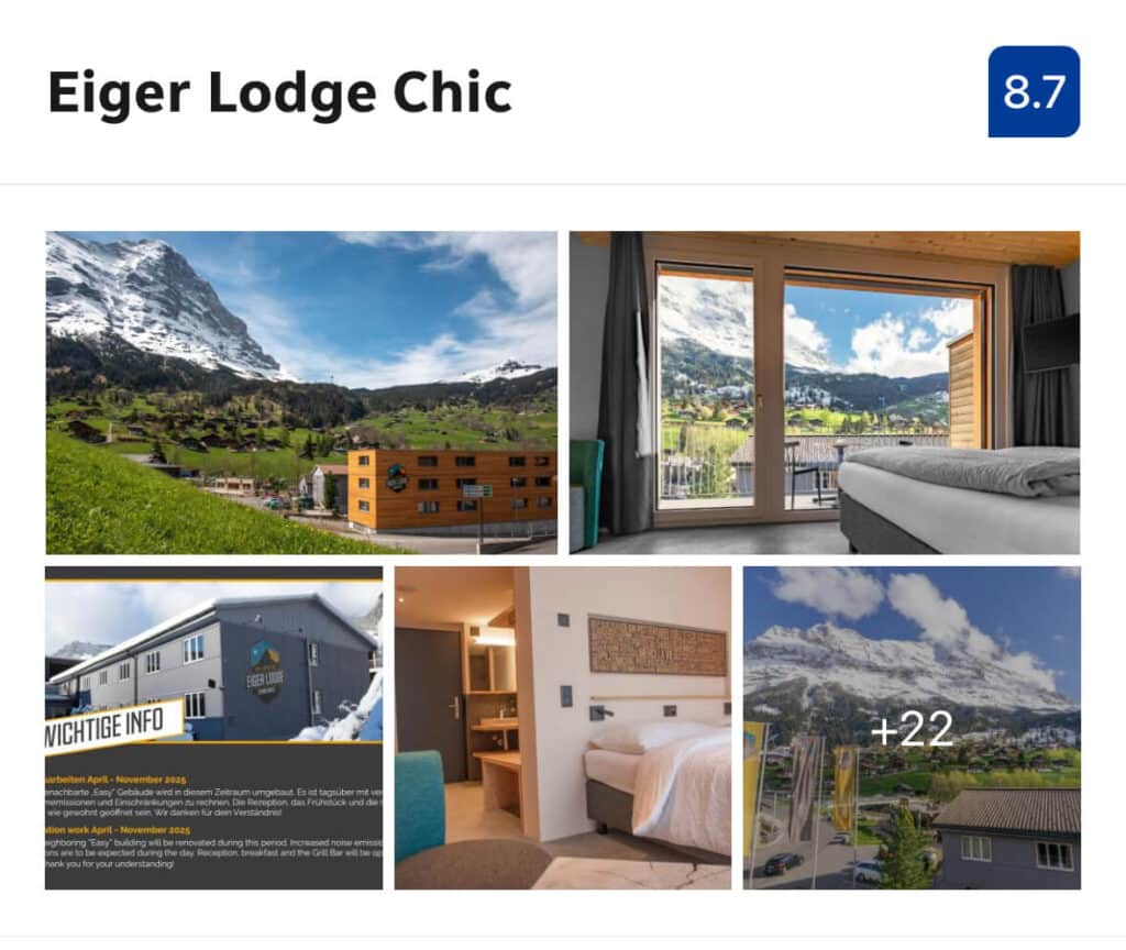 Eiger Lodge Hostel – (Budget $)

A solid backpacker base at the edge of town, Eiger Lodge Hostel offers multi-bed dorms or private rooms, a communal vibe, and direct access to the Eiger Express gondola. It’s clean, efficient, and one of the few truly affordable options in Grindelwald—perfect for skiers, hikers, and solo travelers on a budget.