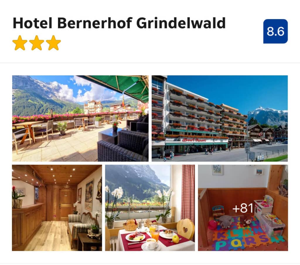 Hotel Bernerhof – (Mid-Range $$)

Located right in the heart of Grindelwald, Hotel Bernerhof is great for travelers who want convenience without luxury pricing. It’s steps from the train station and close to shops and restaurants, with mountain views from many rooms.