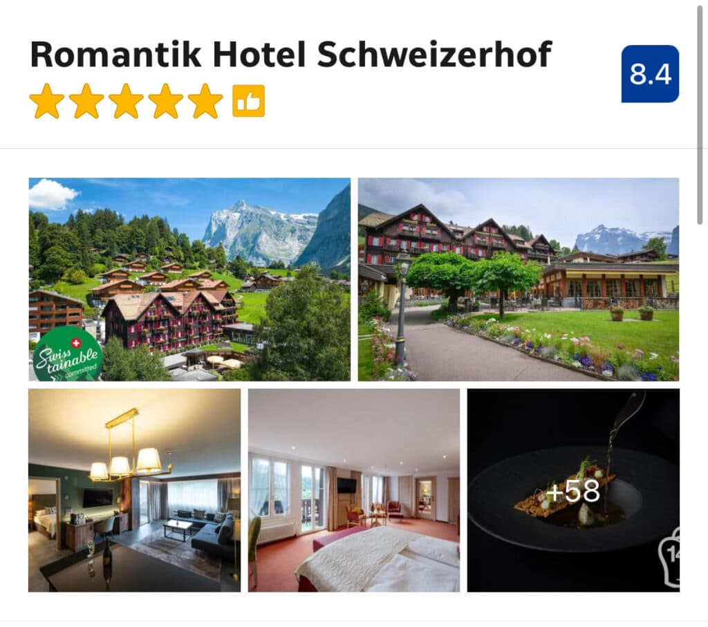 Romantik Hotel Schweizerhof – (Luxury $$$)

One of Grindelwald’s most refined hotels, the Romantik Hotel Schweizerhof offers upscale alpine interiors, gourmet dining, and a serene garden with Eiger views. It’s ideal for couples or anyone splurging on a romantic retreat.