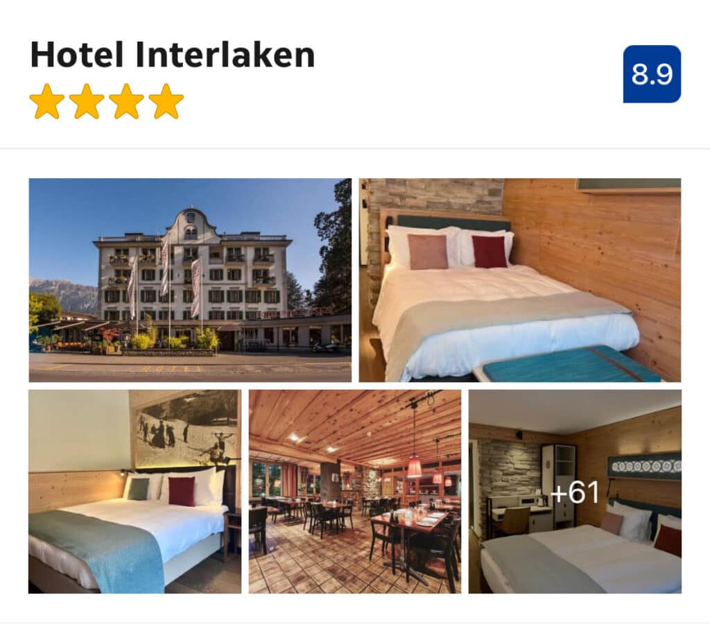 Hotel Interlaken – (Mid-Range $$)

Just a short walk from Interlaken Ost station, Hotel Interlaken blends history and comfort in a classic 4-star building. The lush garden and cozy lounge areas make it a popular choice for couples and families looking for reliable quality without luxury pricing.