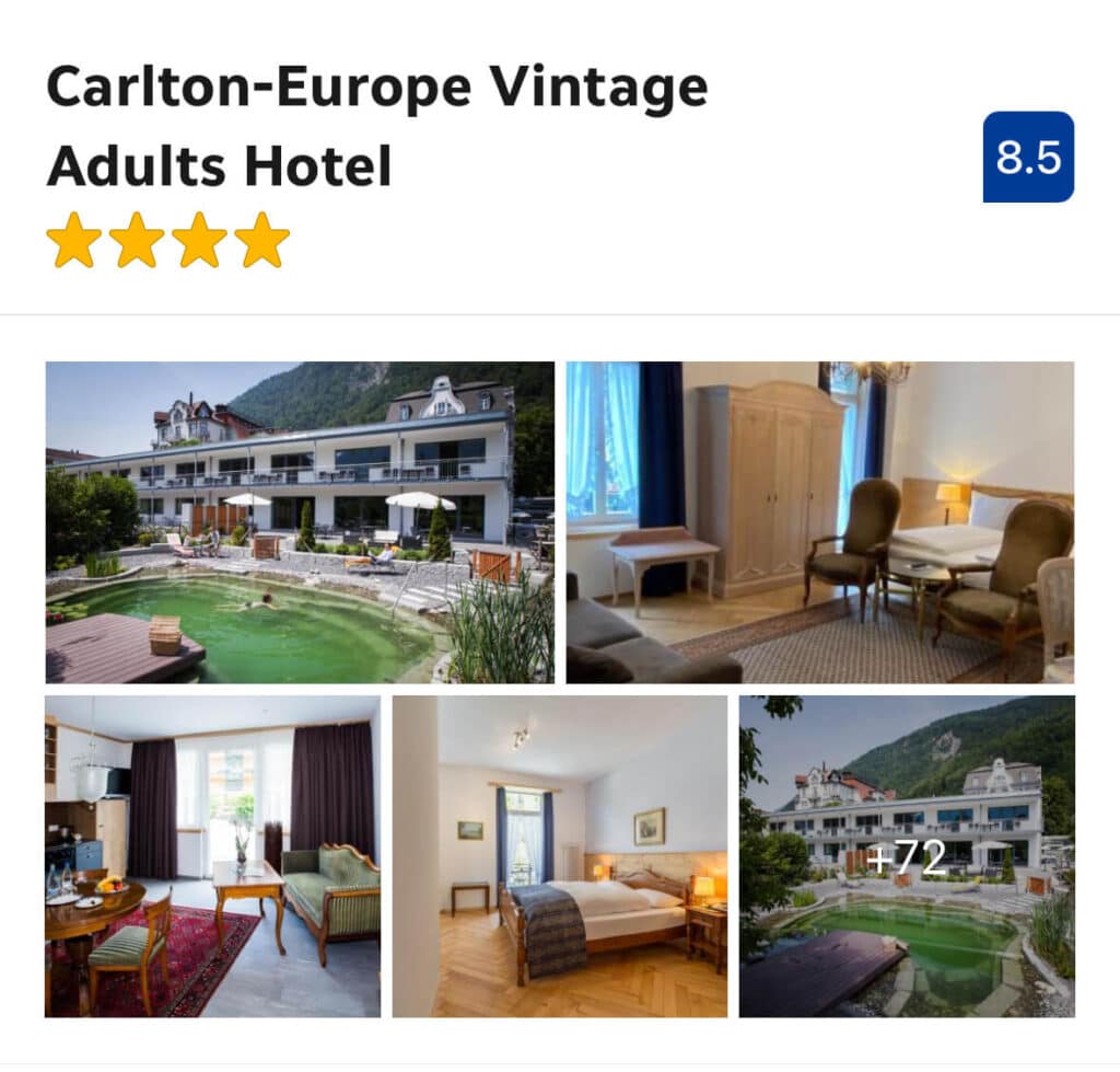Carlton-Europe Vintage – (Mid-Range $$)

Stylish and full of personality, Carlton-Europe Vintage is a design-forward hotel with art deco touches and individually decorated rooms. It’s adults-only, centrally located, and offers a slightly quirky, boutique vibe in the heart of Interlaken.