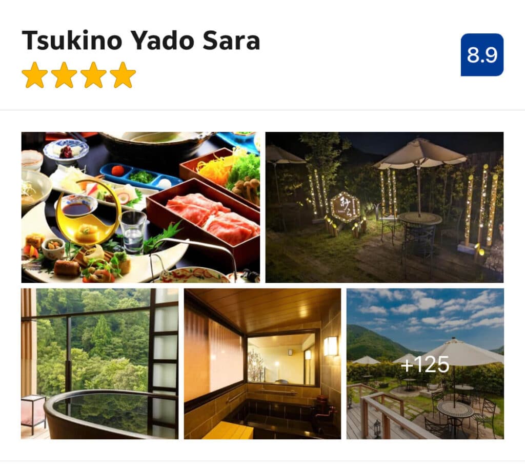 Tsuki no Yado Sara Hotel – (Mid-Range $$)
This stylish ryokan-hotel hybrid features minimalist rooms, optional in-room baths, and beautifully presented kaiseki meals that feel high-end without the luxury price tag. A great choice for travelers who want a design-forward stay that still feels traditional.