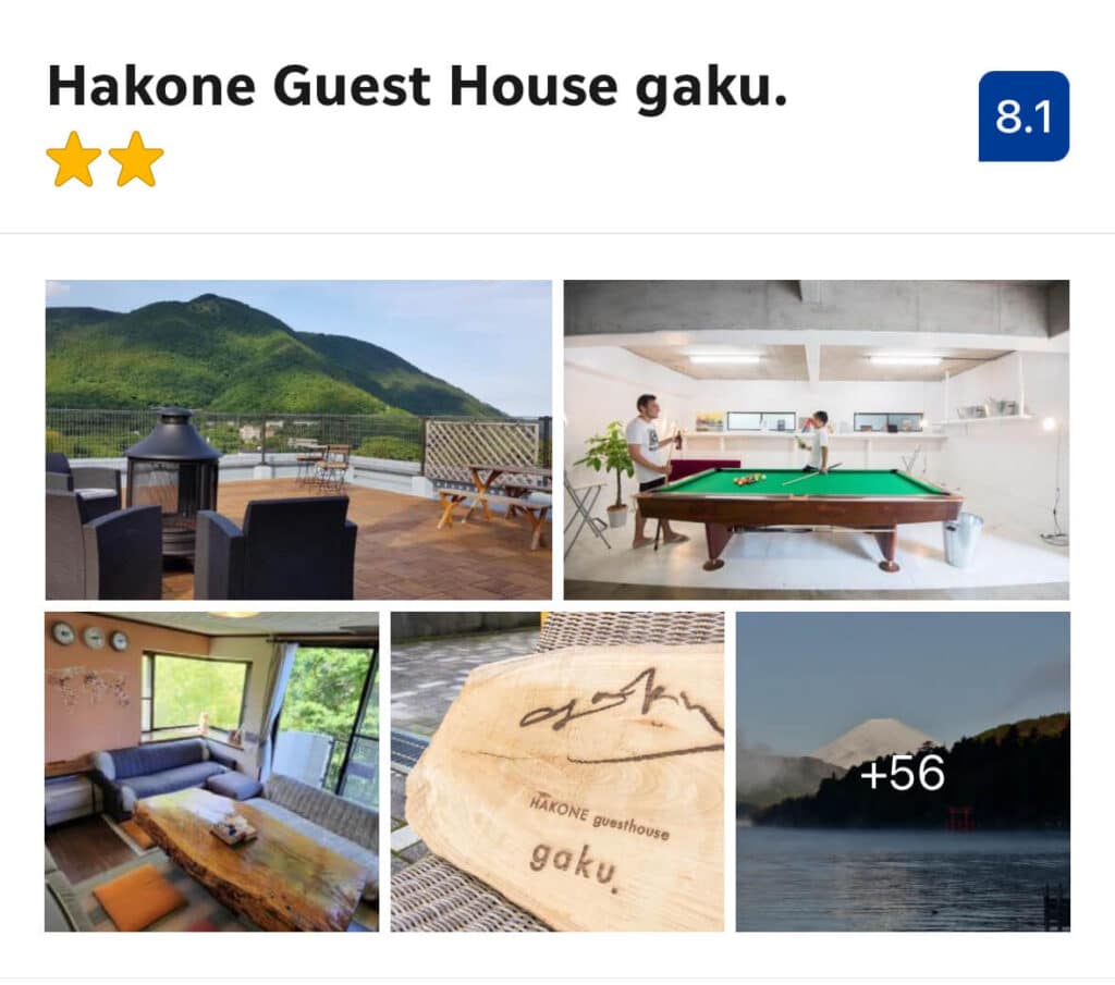 HAKONE Guesthouse Gaku – (Budget $)
Just minutes from Gora Station, Guesthouse Gaku offers cozy dorms and private rooms with a clean, modern design. The relaxed communal spaces and warm hospitality make it a great budget base for exploring the Hakone area without feeling like you're sacrificing comfort.