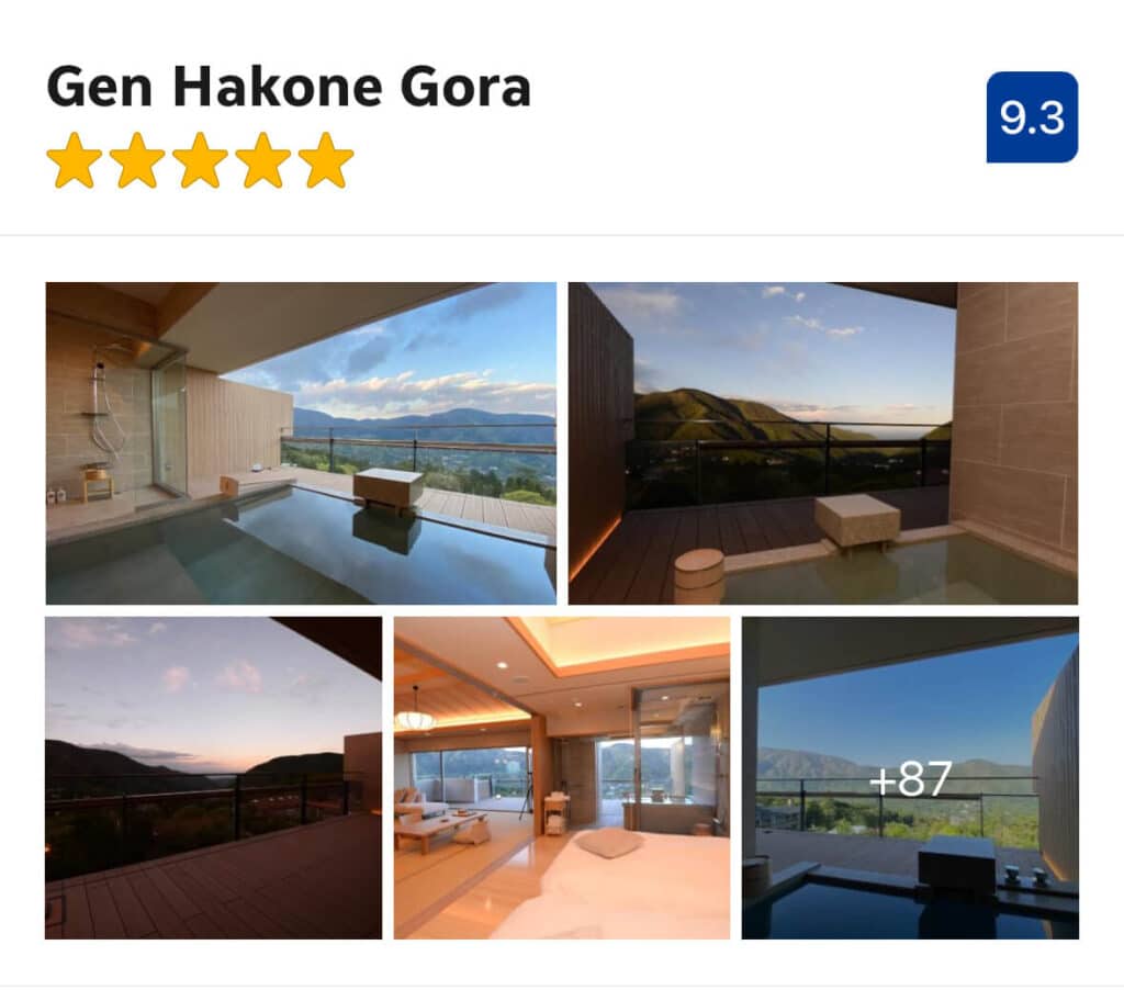 Gen Hakone Gora – (Luxury $$$)
A minimalist ryokan with a modern edge, Gen Hakone features thoughtfully designed suites, each with its own private onsen and forest views. It’s ideal for couples or solo travelers seeking tranquility, design-forward aesthetics, and a more intimate luxury experience.