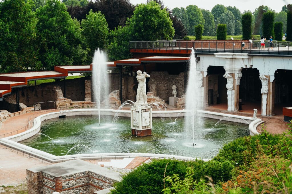 Fountains and arched colonnades near the lower gardens of the Venaria Reale