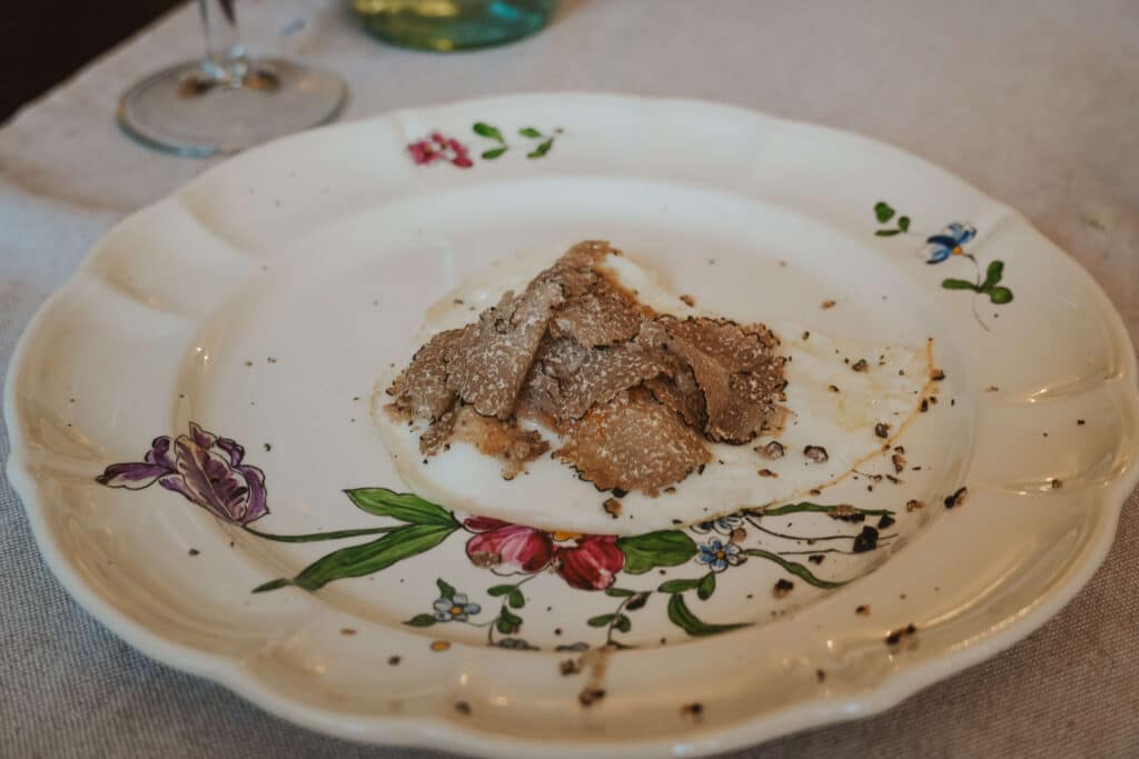 Fried egg with black truffle served on a floral ceramic plate