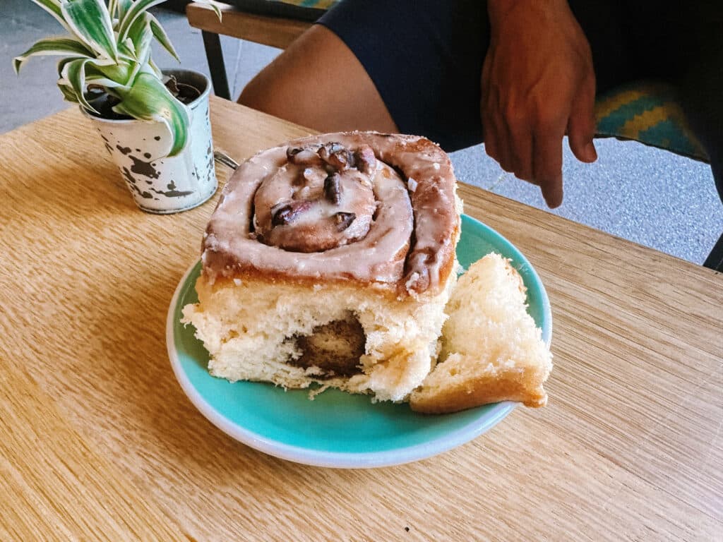 Cinnamon bun on a turquoise plate next to a small potted plant, Moody’s outdoor seating.