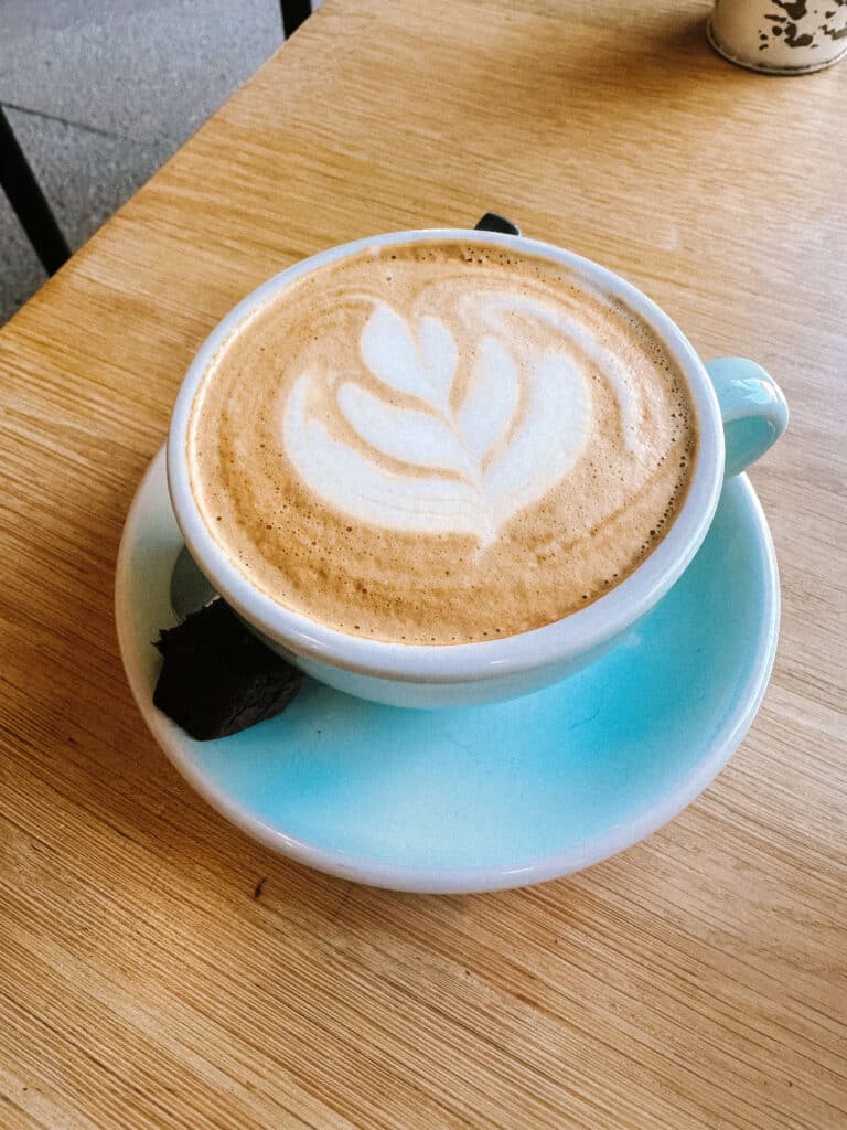 Close-up of cappuccino on a turquoise plate at Moody’s Coffee Roastery.