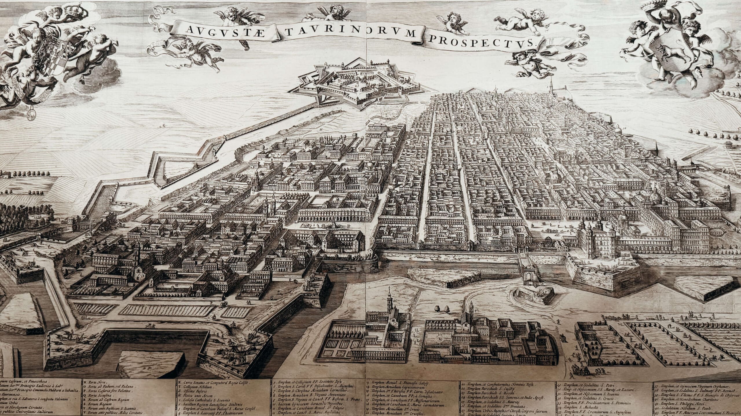 Large illustrated aerial map of the Venaria Reale estate and gardens and village