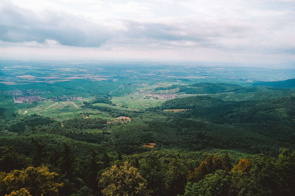 Sweeping view of the Alsace plain seen from Château du Haut-Koenigsbourg.