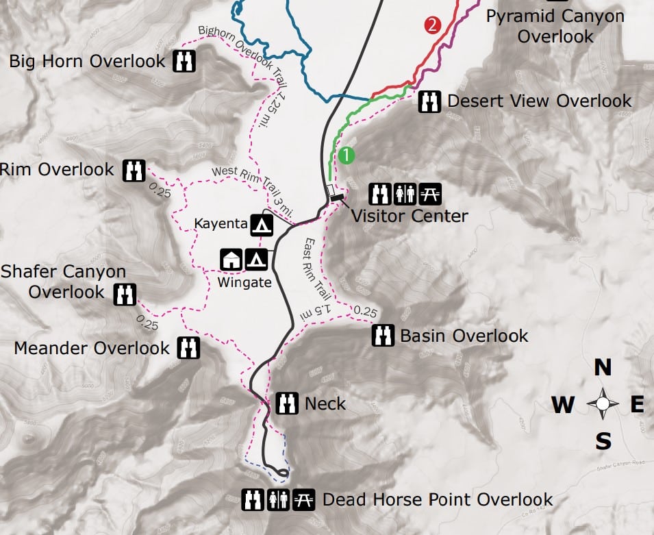 Map of Dead Horse Point State Park showing main overlooks, trails, and facilities, including the Dead Horse Point Overlook and visitor center