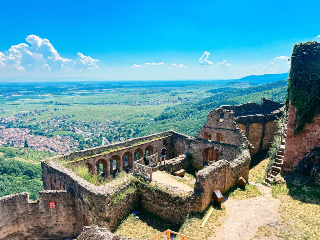 Looking down from the ramparts of Saint-Ulrich Castle toward the vineyards and valley below