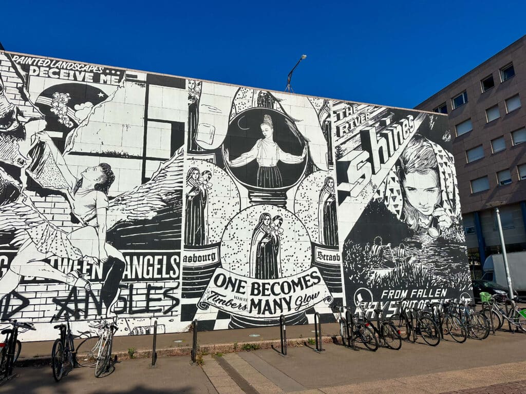 Striking black and white street art mural in Strasbourg’s contemporary district near the train station.