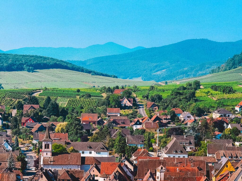 Aerial view of a picturesque Alsatian village surrounded by vineyards and forested hills, taken from a scenic overlook.