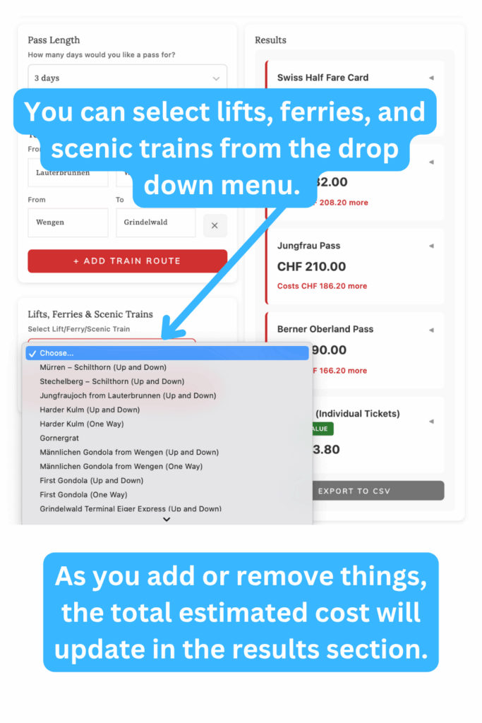 How to add lifts, ferries, and scenic trains to the swiss travel pass calculator