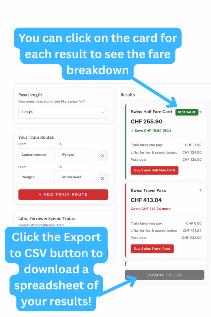 How to review your results in the swiss travel pass calculator and export a CSV